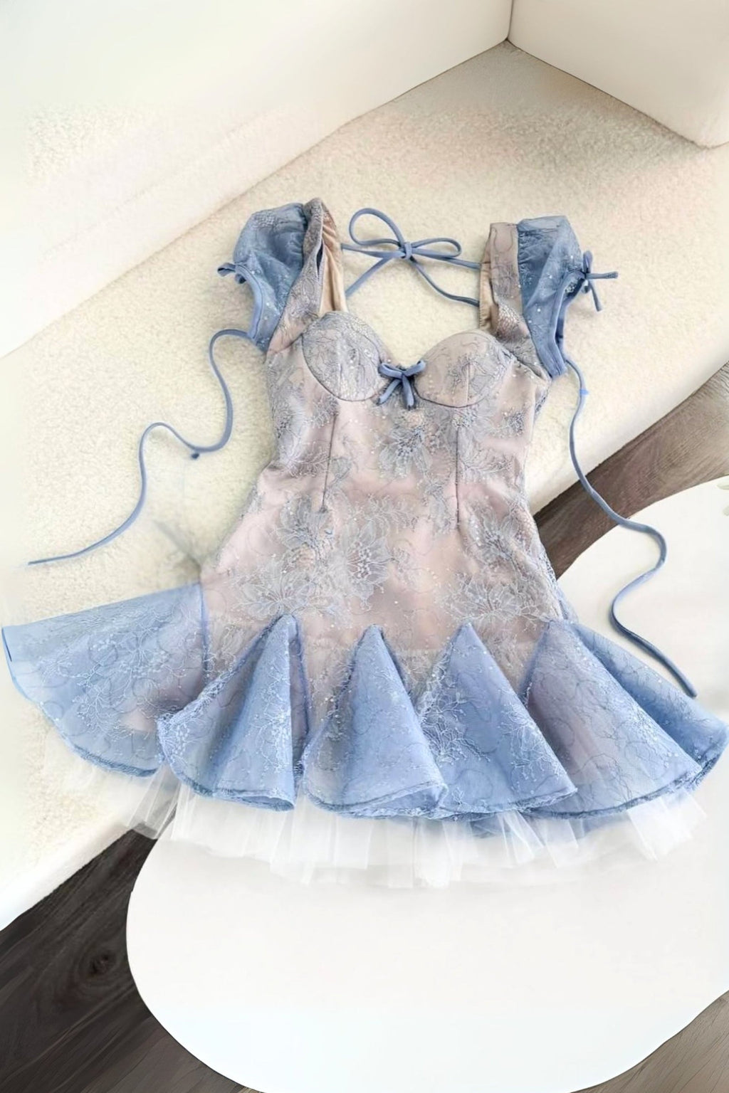 Lace Embroidery Puffy Mini Dress In Blue Flowering Girl