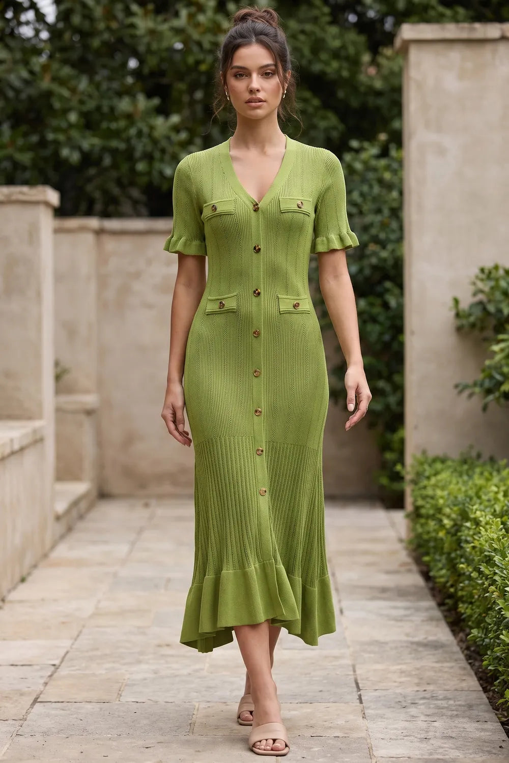 Olive Green Ribbed Knit A-Line Trumpet Midi Dress Flowering Girl