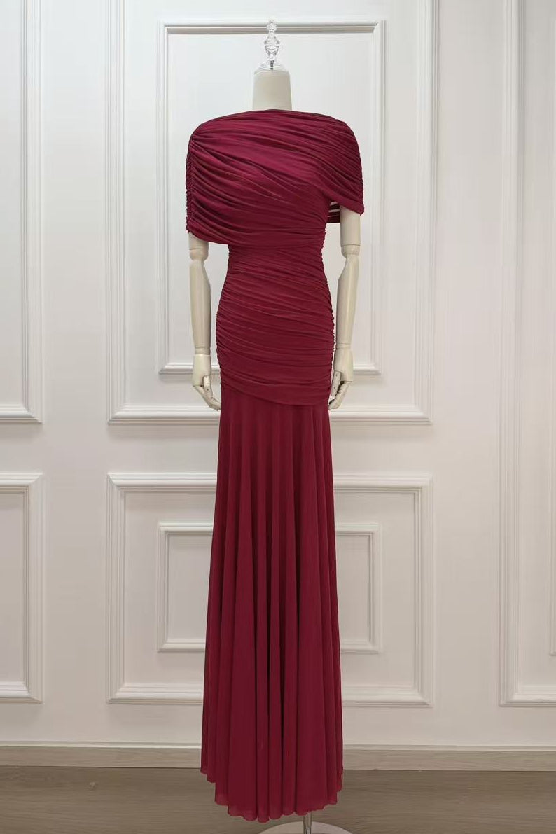Burgundy Mesh Mermaid Evening Gown Flowering Girl