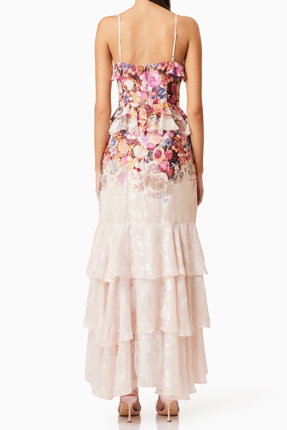Perla Irregular floral print maxi dress in pink red Flowering Girl