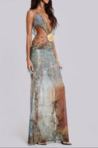 Einar Print Mesh Embellished Backless Maxi Dress Flowering Girl