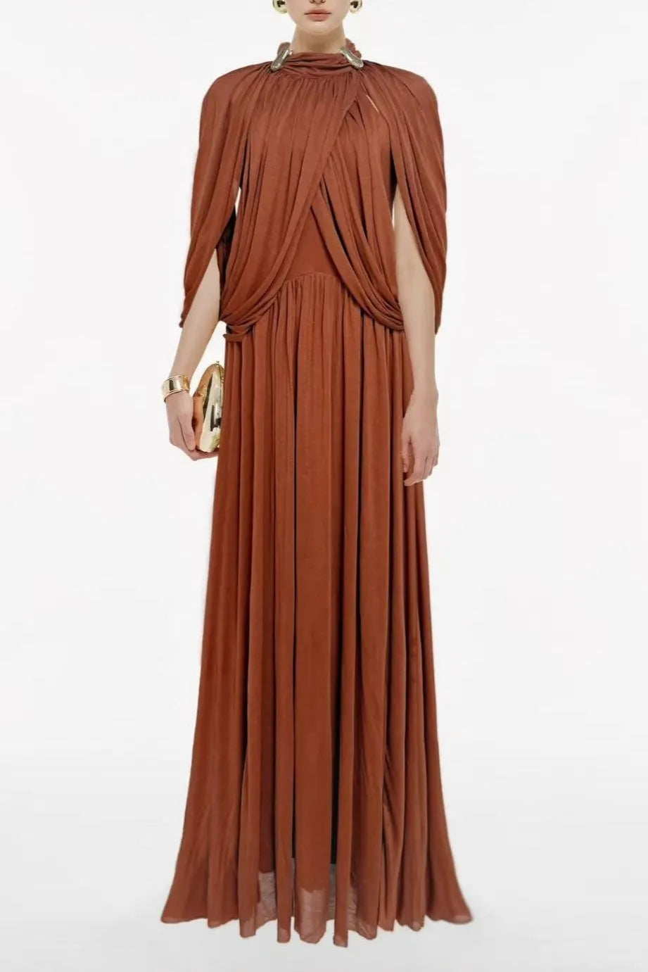Leona Brown Draped Cape Sleeve Knit Maxi Dress Flowering Girl