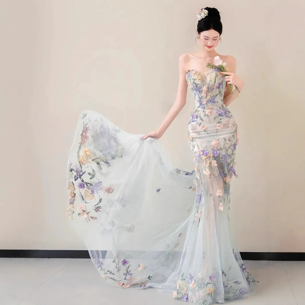 Strapless Pastel 3D Floral Tulle Mermaid Gown With Train Flowering Girl