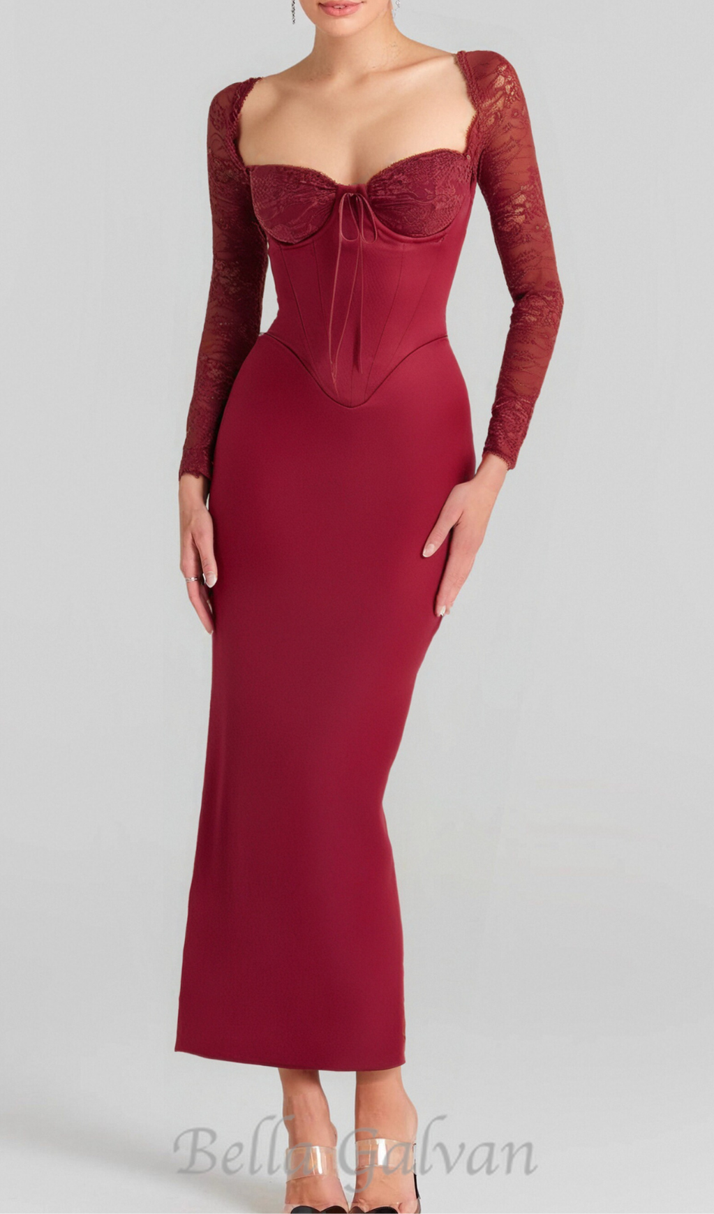 satin corset maxi dress in burgundy Flowering Girl