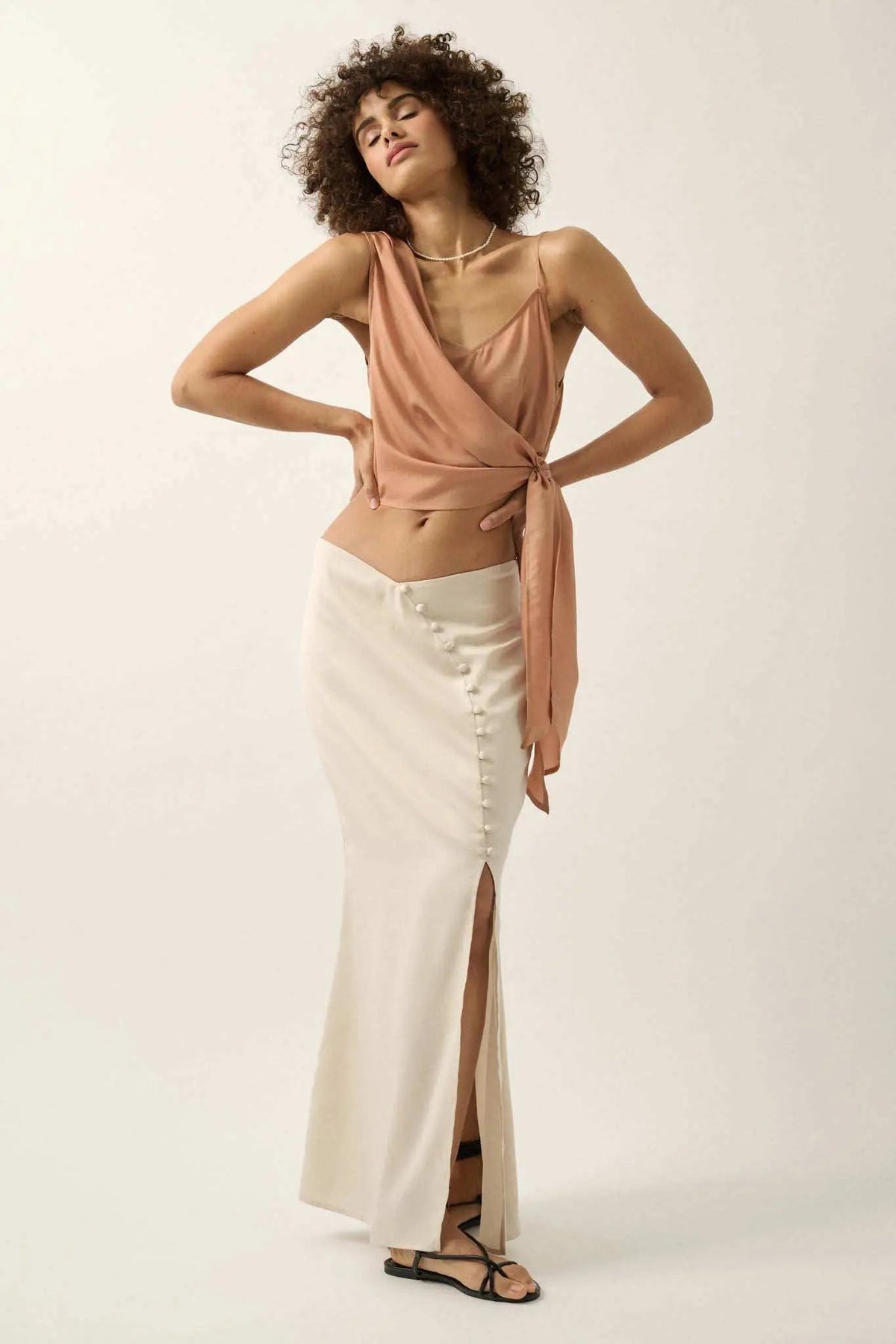 Curve Matte Satin Buttoned Maxi Skirt Flowering Girl