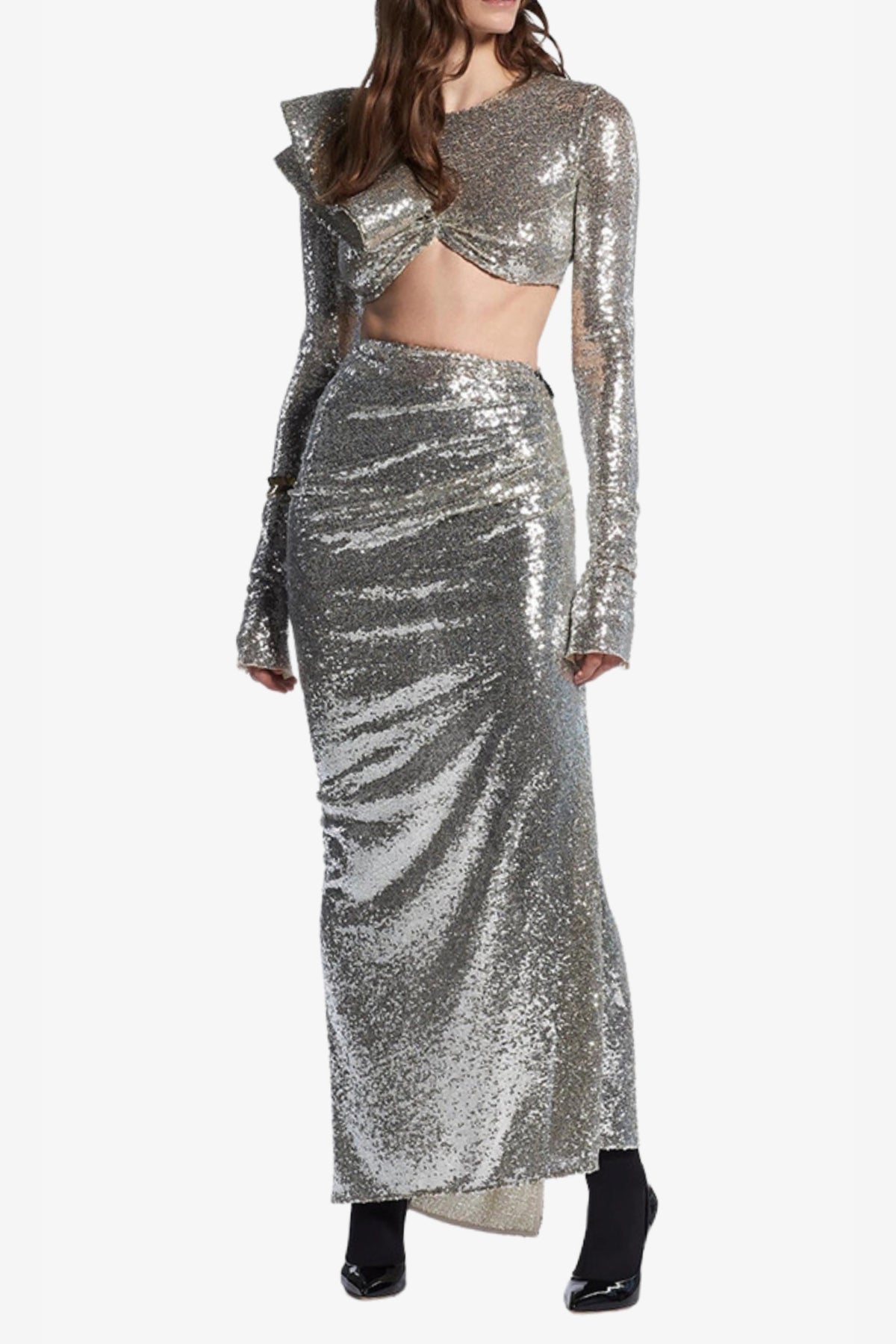 Crop Top Drape Skirt Set In Silver Flowering Girl