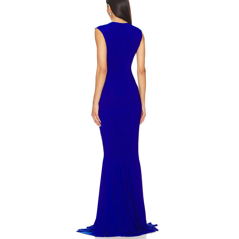 Sleeveless Deep V Neck Shirred Front Fishtail Gown Flowering Girl