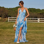 Blue & White Floral Print Halter Neck Tiered Maxi Dress Flowering Girl