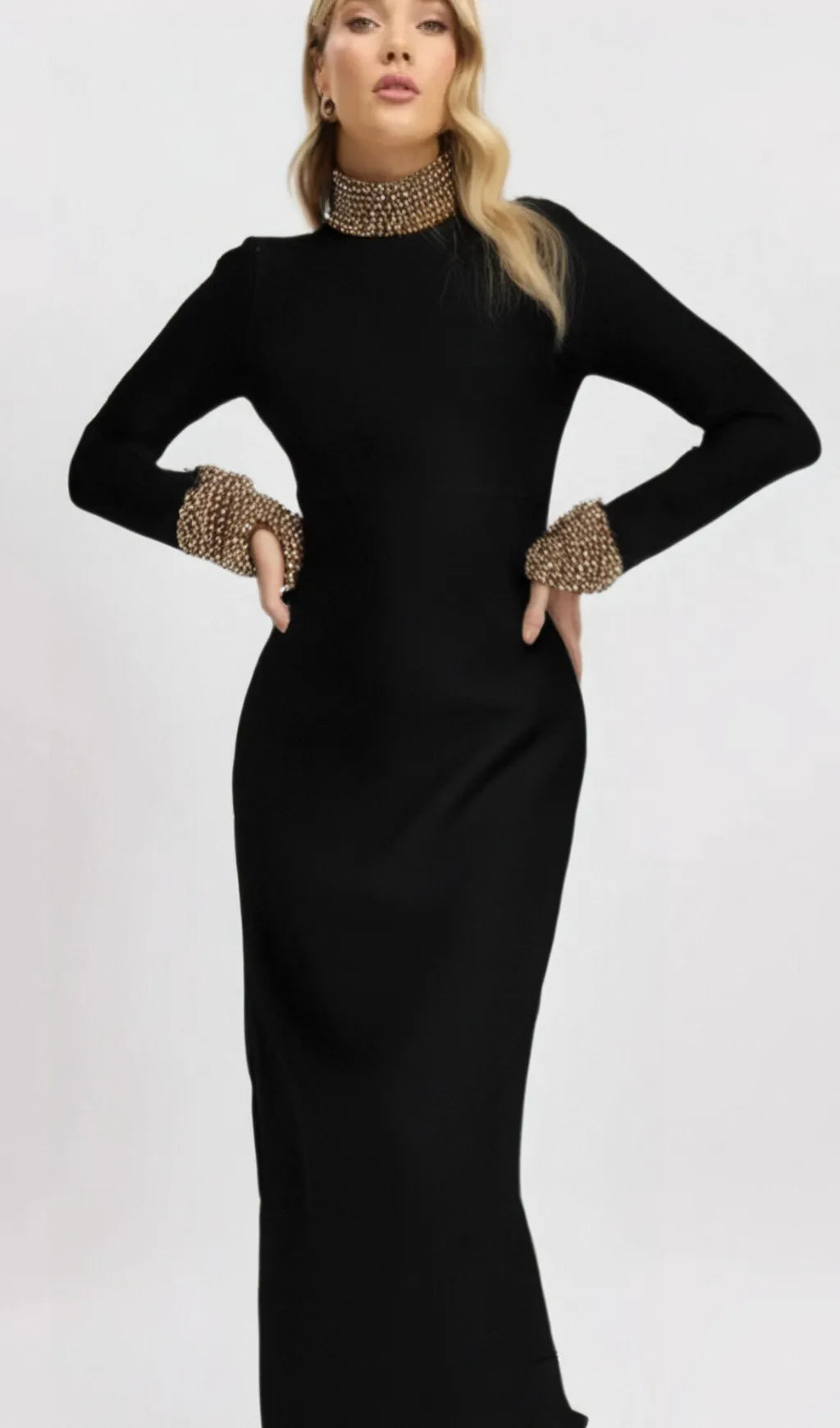 YVONNE LONG SLEEVE GOLD BEAD BANDAGE MIDI DRESS IN BLACK Flowering Girl