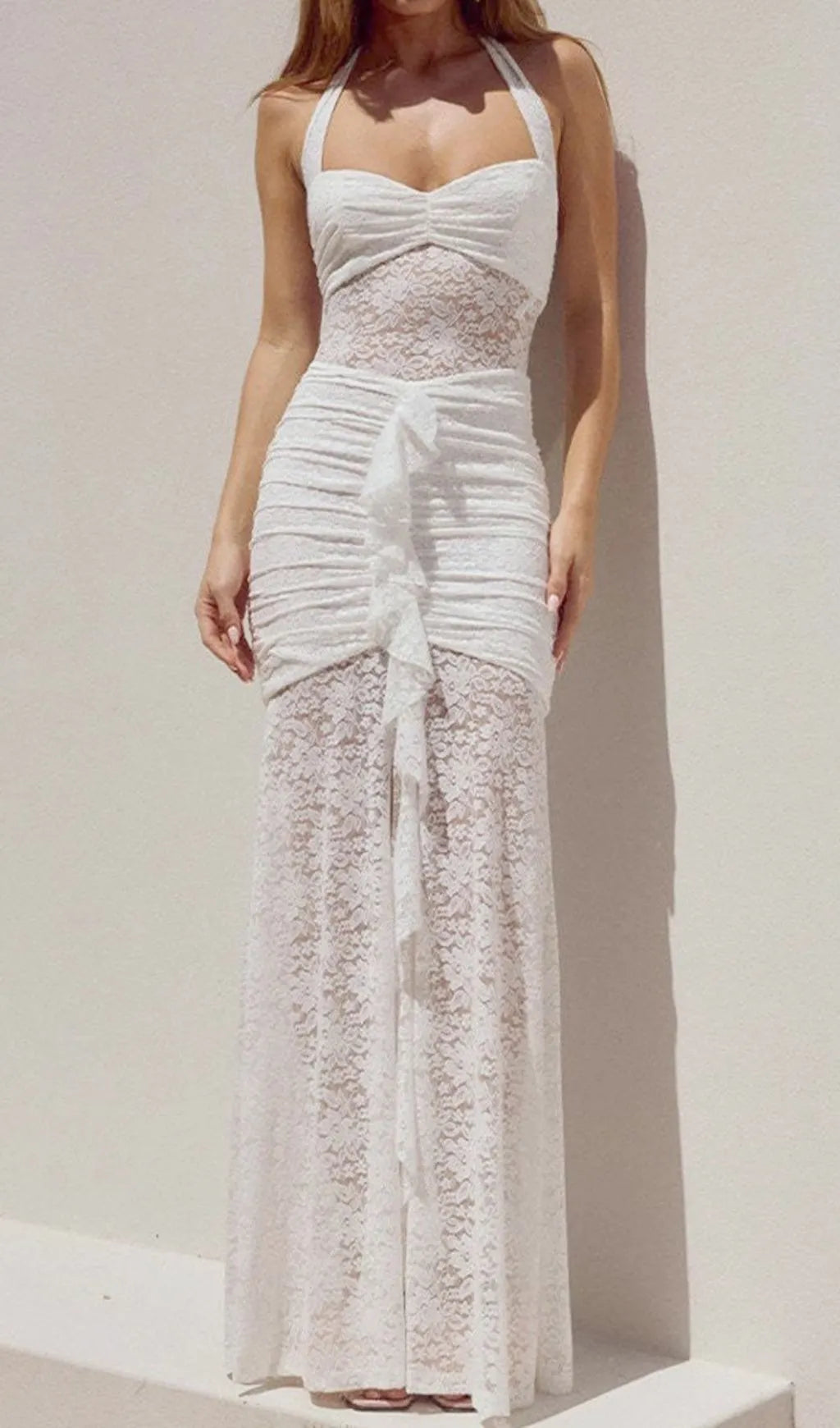 Fusayo White Halter Ruched Lace Maxi Dress Flowering Girl