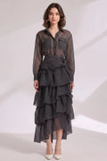Black Sheer Organza Or Chiffon Fitted Shirt With High-Waisted Tiered Maxi Skirt Two-Piece Matching Set Flowering Girl