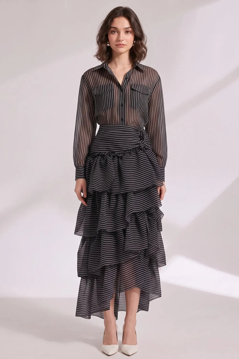 Black Sheer Organza Or Chiffon Fitted Shirt With High-Waisted Tiered Maxi Skirt Two-Piece Matching Set Flowering Girl