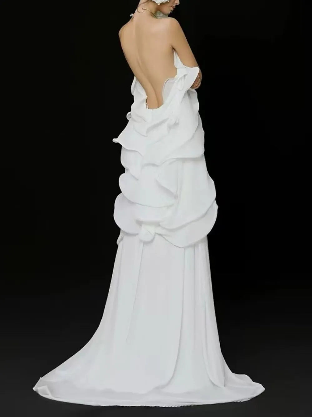 Kaelum Backless Ruffle Maxi Dress In White Flowering Girl