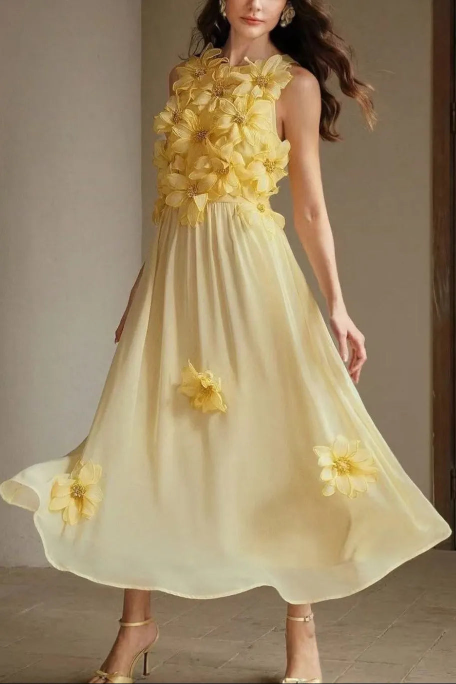 3d Flower Embellished Sleeveless Maxi Dress In Yellow Flowering Girl