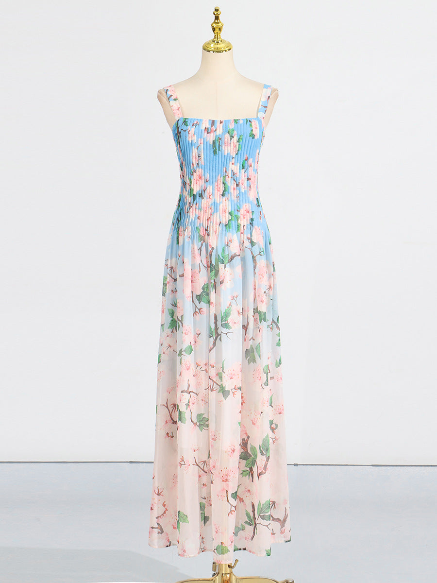 xaviera pleated silk chiffon gown in blue Flowering Girl