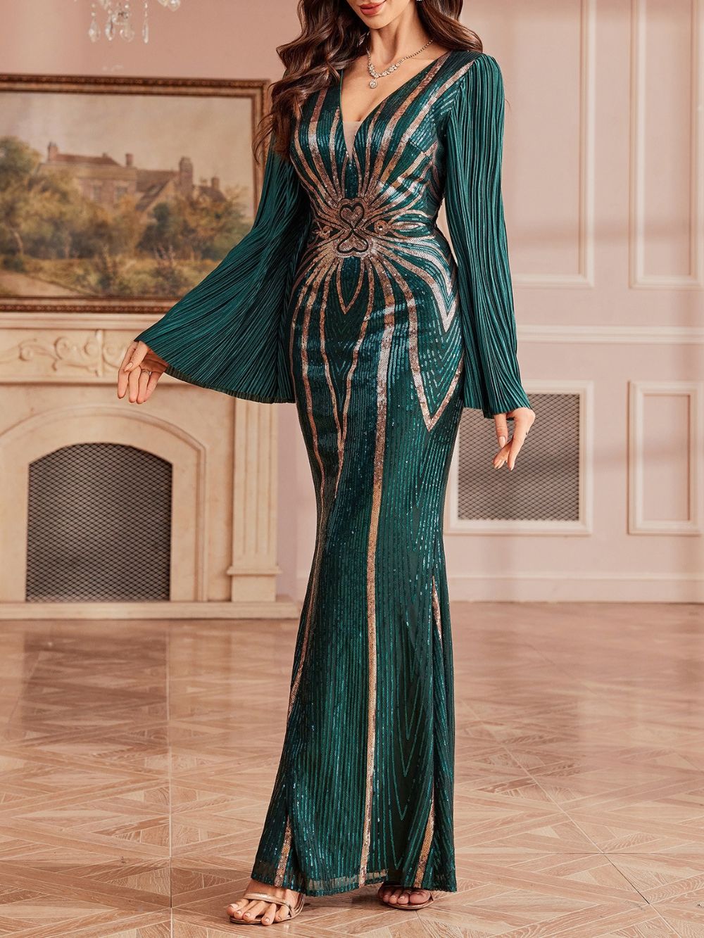 Miko Green Sequin Long Sleeve Maxi Dress Flowering Girl