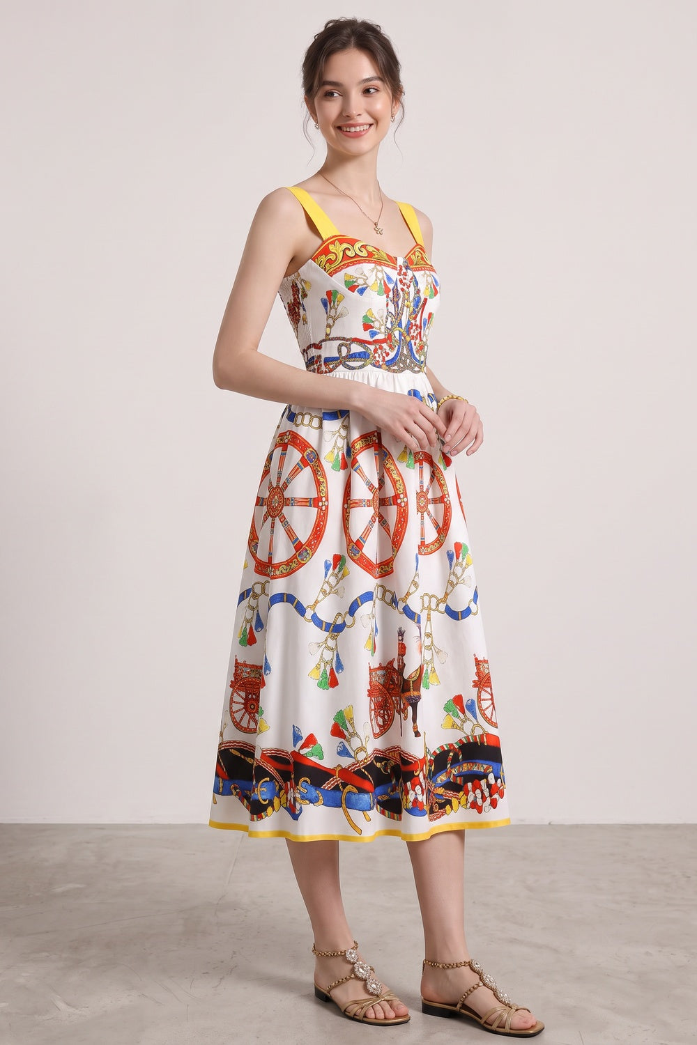White Cotton Poplin Fit-and-Flare Midi Dress with Sicilian Carretto Print Flowering Girl