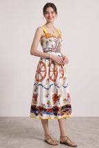 White Cotton Poplin Fit-and-Flare Midi Dress with Sicilian Carretto Print Flowering Girl
