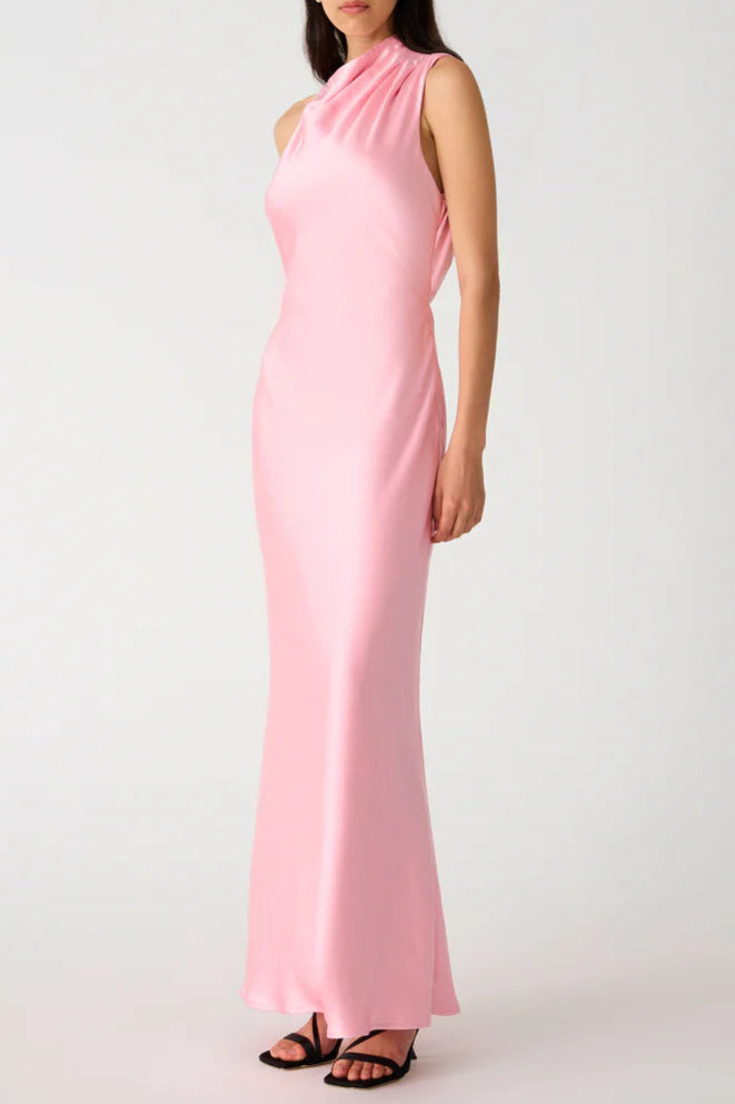 sleeveless backless satin maxi dress in pink Flowering Girl
