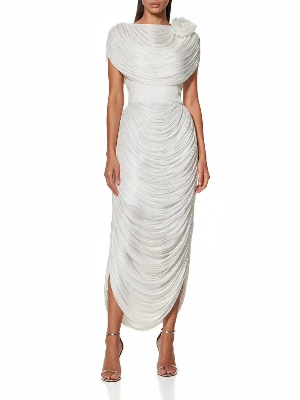 Kessari Flower Draped Midi Dress In White Flowering Girl