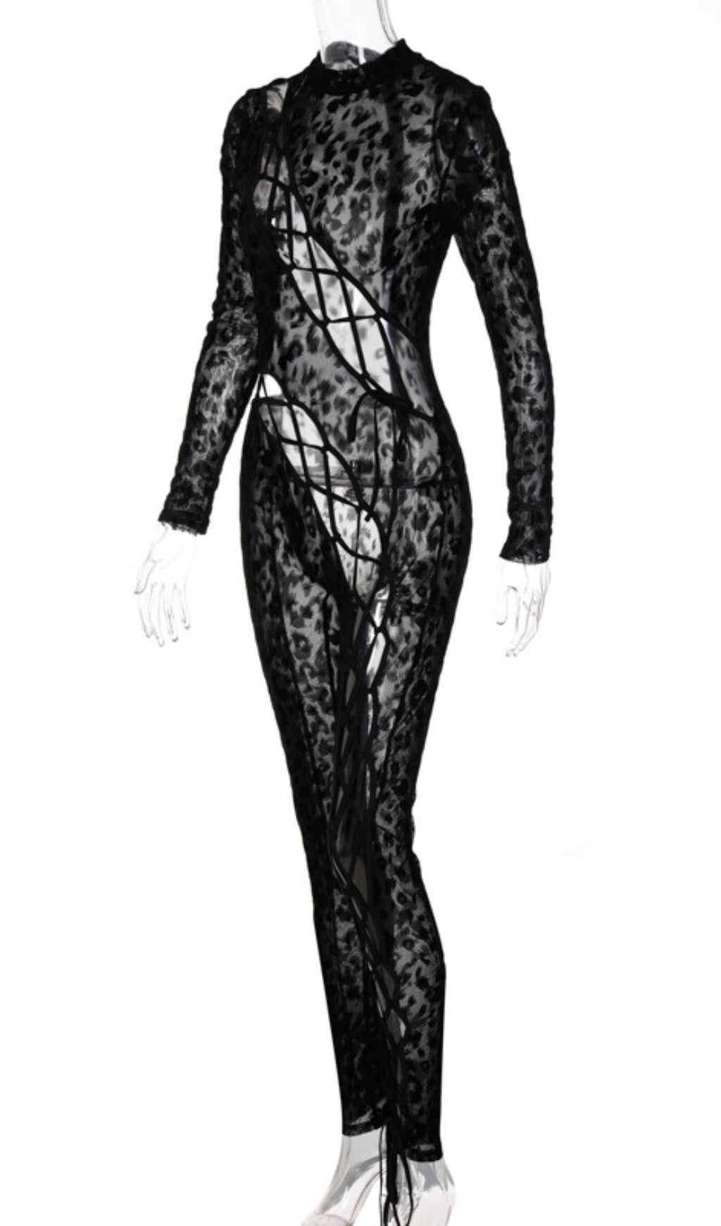 Lace Up Leopard Printed Mesh Jumpsuit Flowering Girl