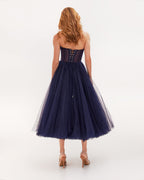 Navy Strapless Puffy Midi Tulle Dress Flowering Girl