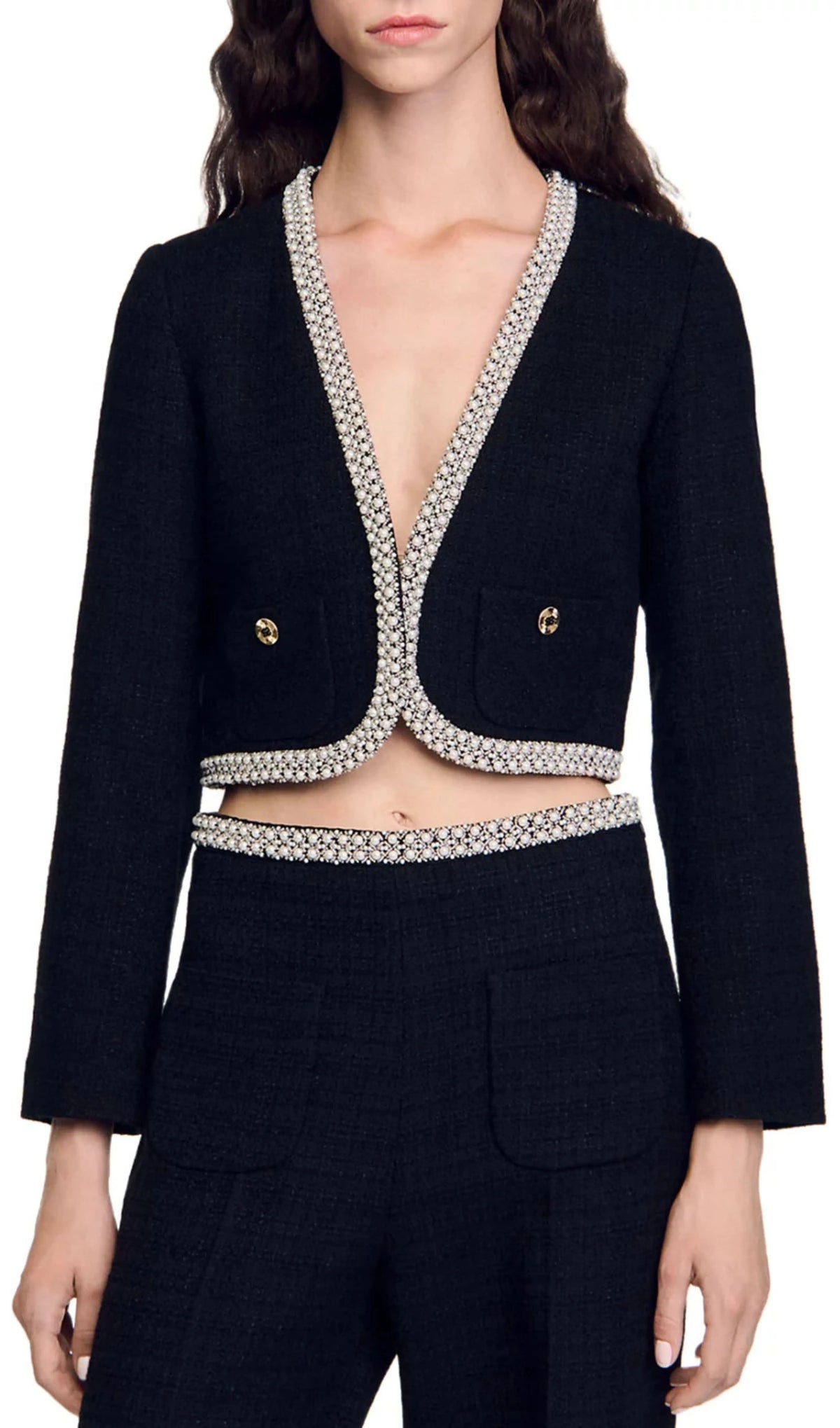 Bead Trim Cropped Tweed Jacket Flowering Girl