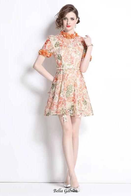 Embroidered hollow floral puff sleeves mini dress Flowering Girl