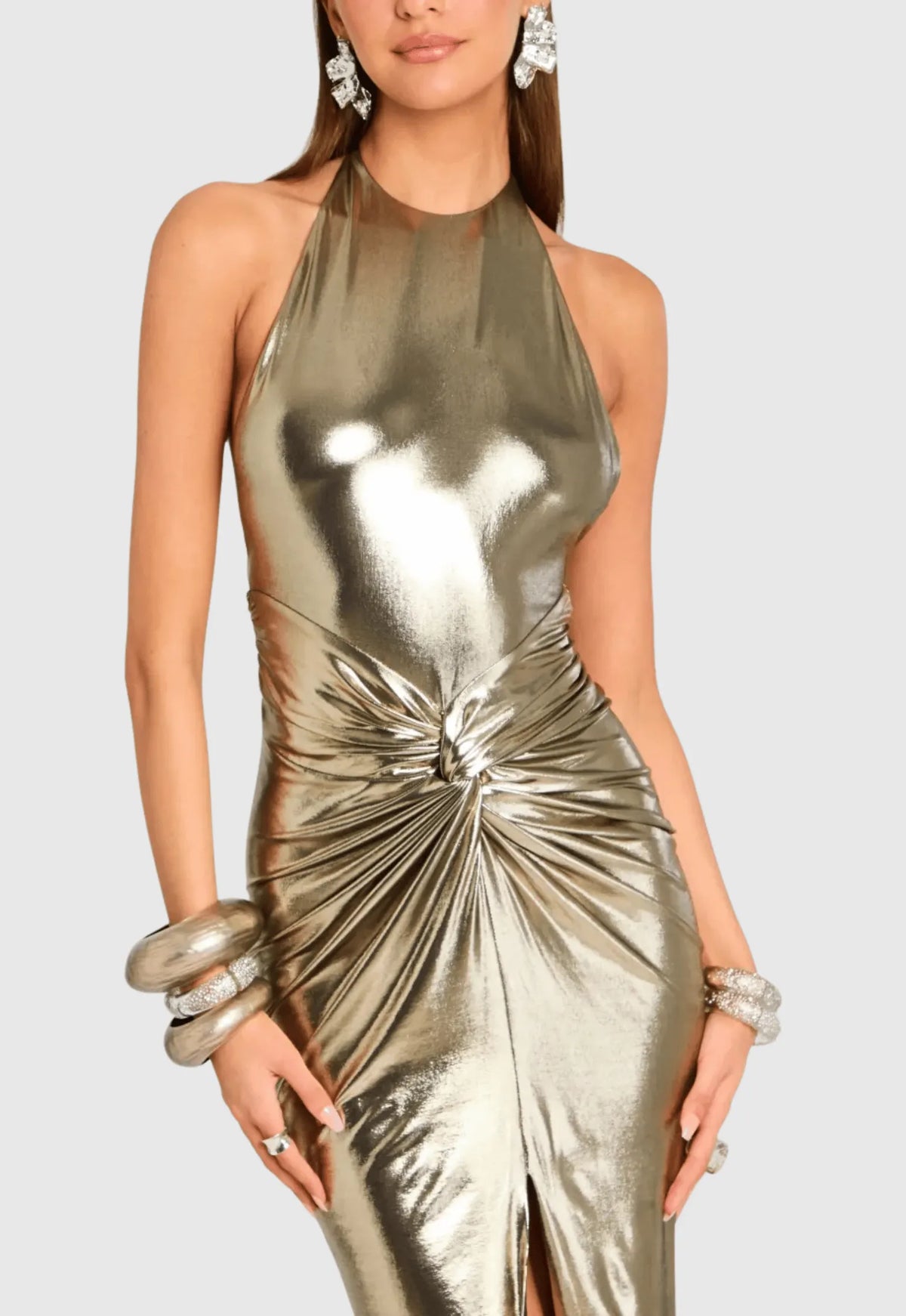 Berton Gold Halter Ruched Backless Split Maxi Dress Flowering Girl