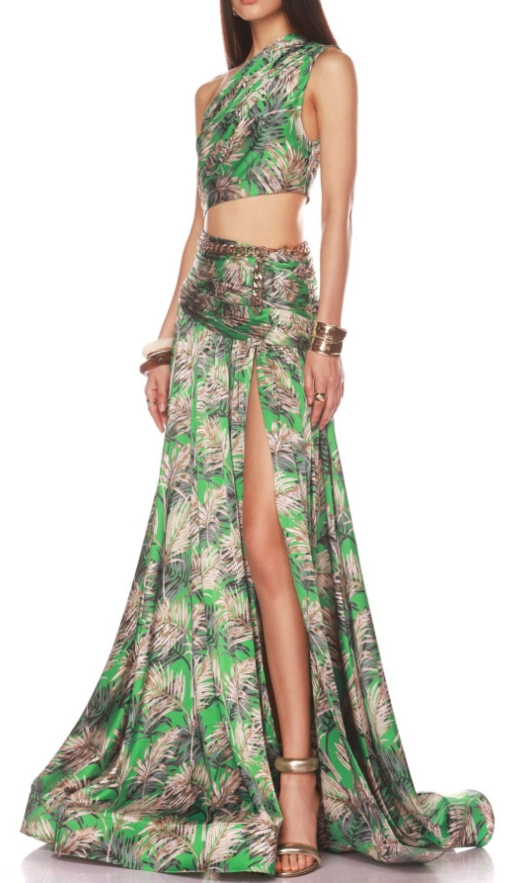 Evelien Green Printed One-Shoulder Maxi Dress Flowering Girl