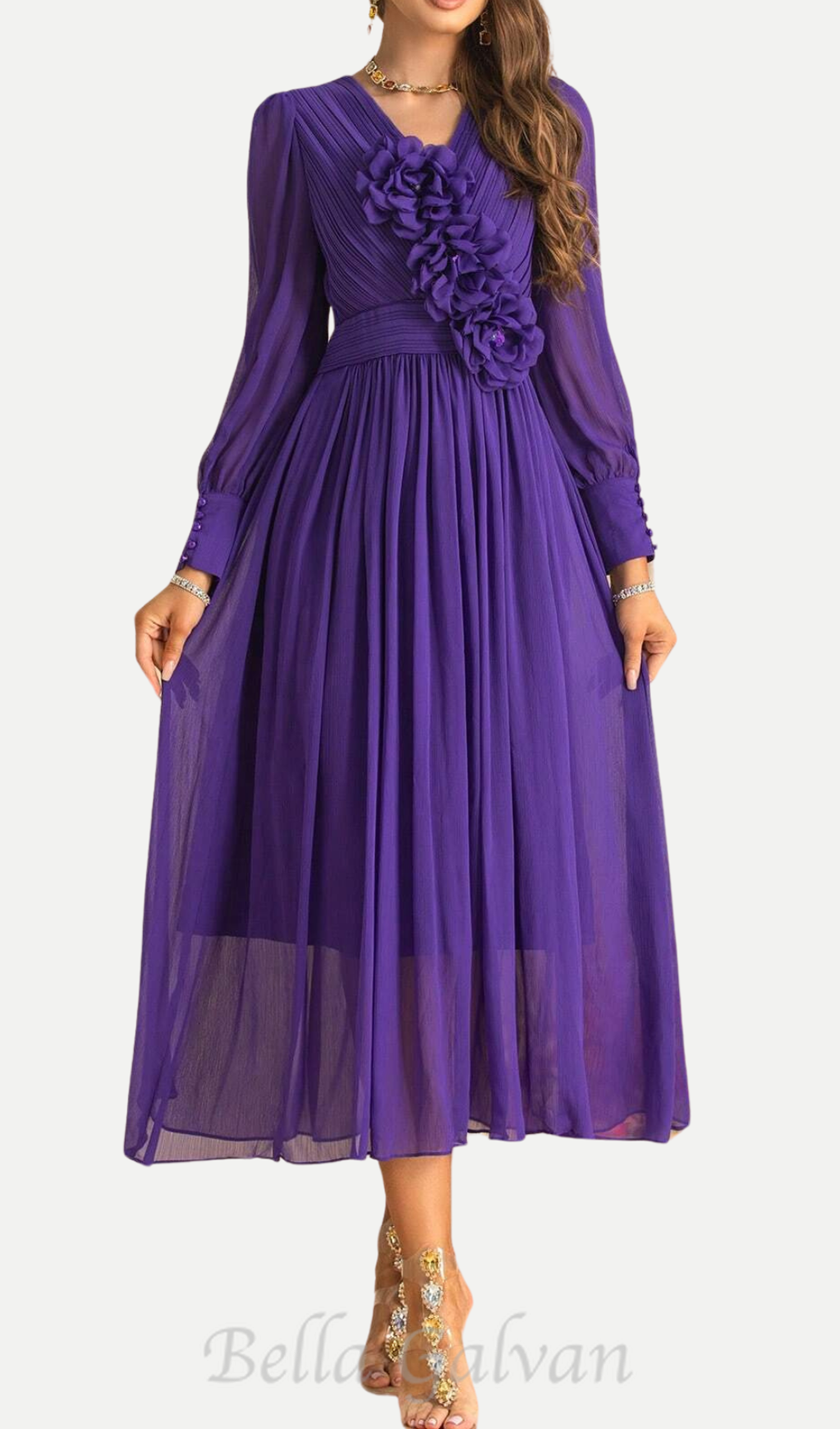 three-dimensional flower v-neck purple chiffon maxi dress Flowering Girl