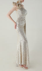 Ikia Silver One-Shoulder Sequin Maxi Dress Flowering Girl