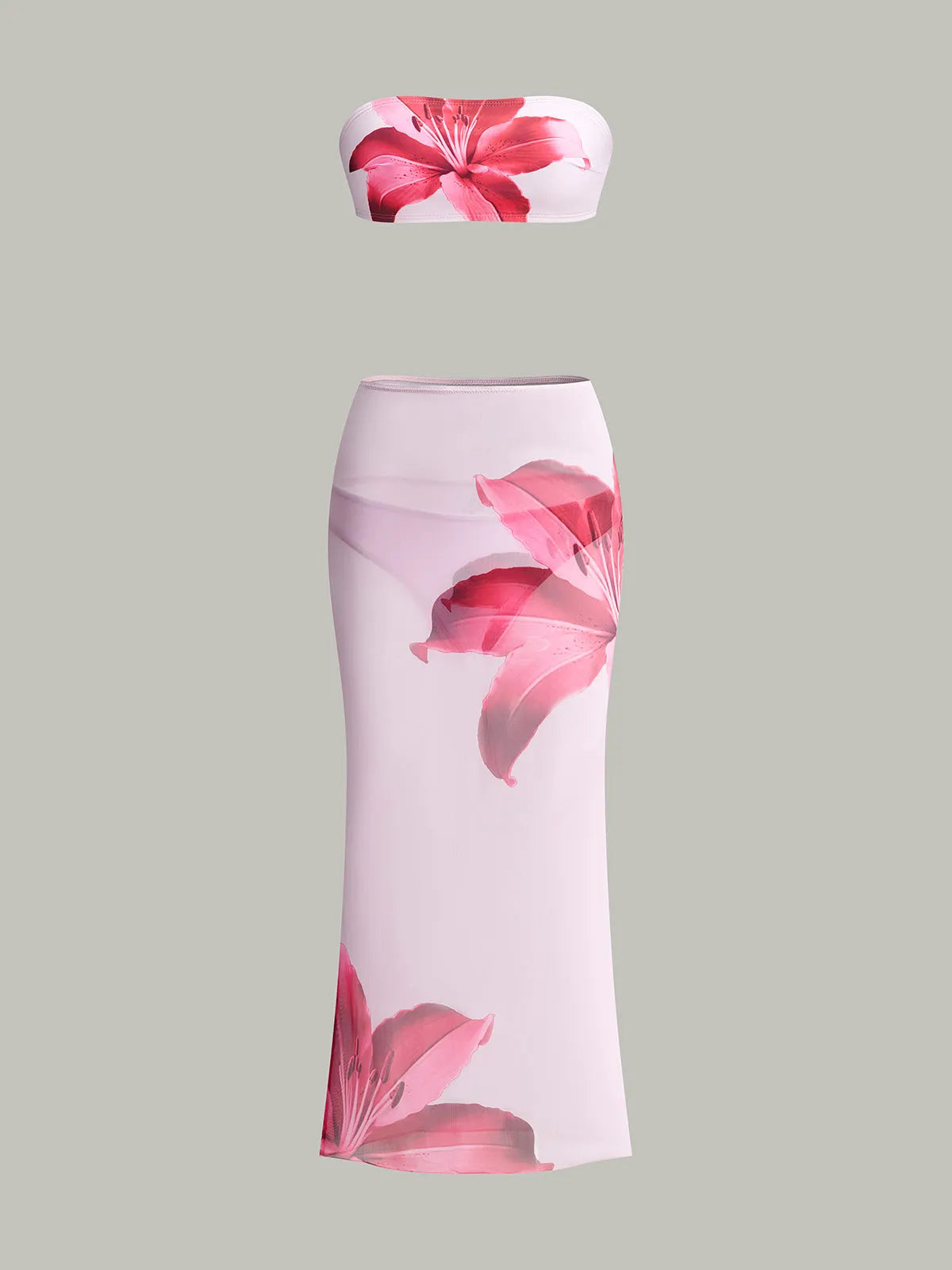 Floral Printed Bikini Bandeau And Chic Pareo Skirt Flowering Girl