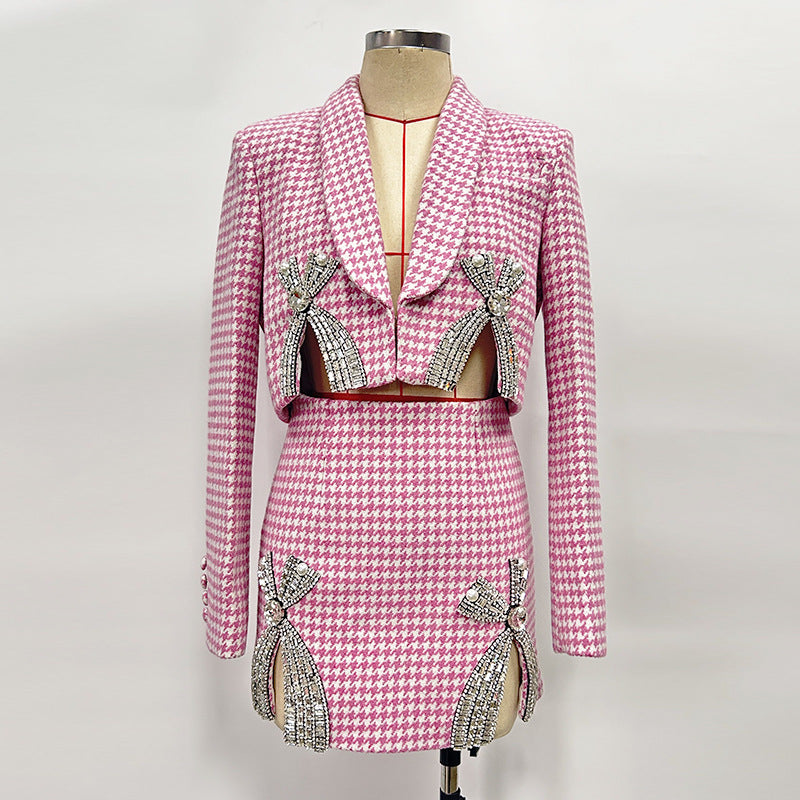 Helen Embellished Checked Wool-Blend Blazer Set In Pink Flowering Girl