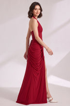 Deep Red Jersey Blend Column with Draped Overlay Gown Flowering Girl