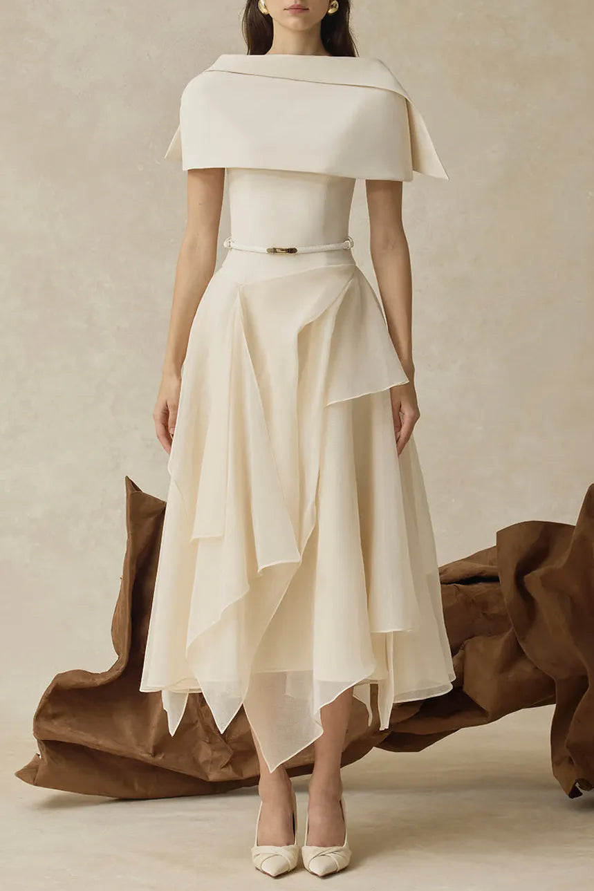 kelly beige Cape Sleeve Ruffle Midi Dress with belt Flowering Girl