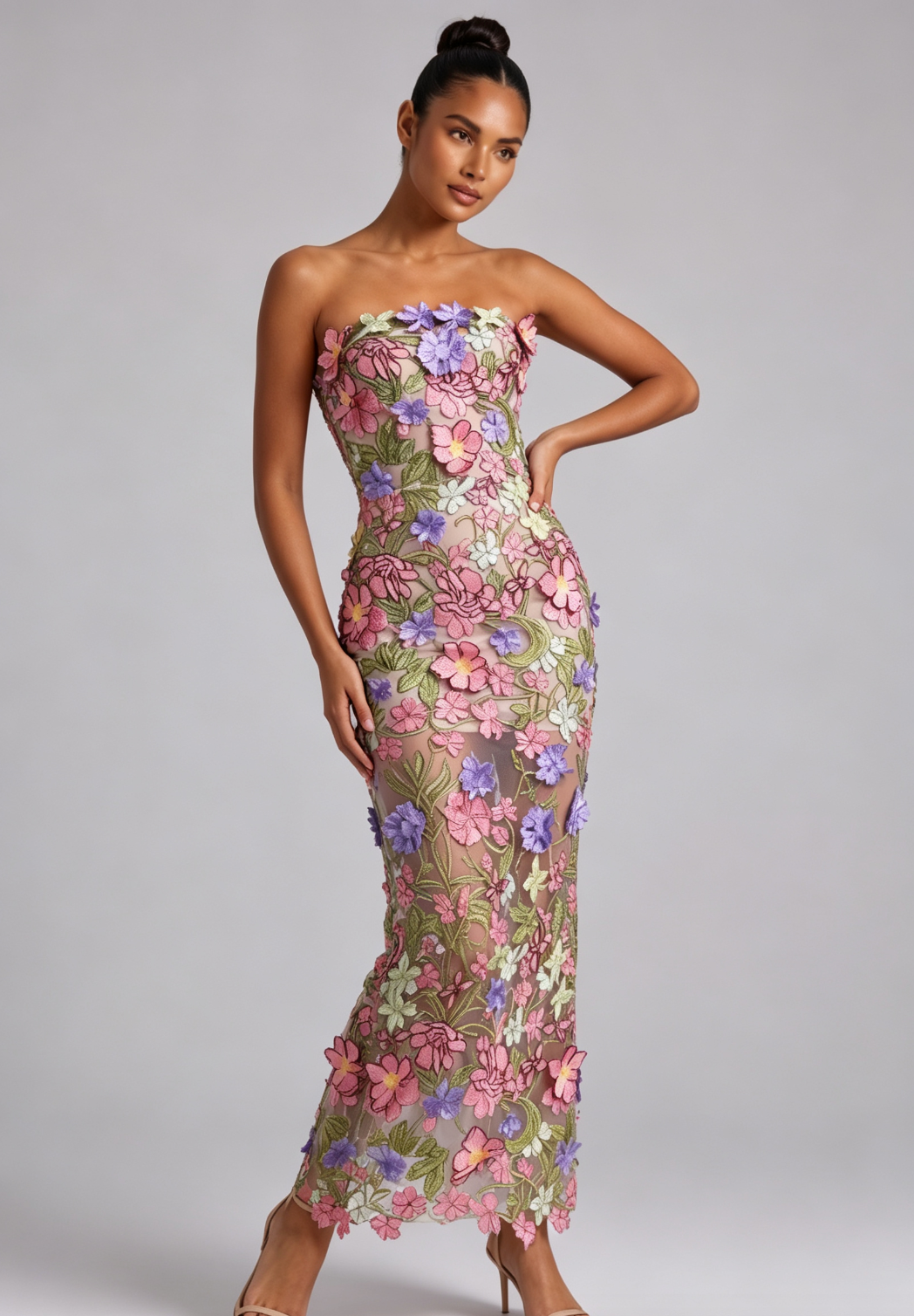 3D Floral Appliqué Strapless Maxi Dress Flowering Girl