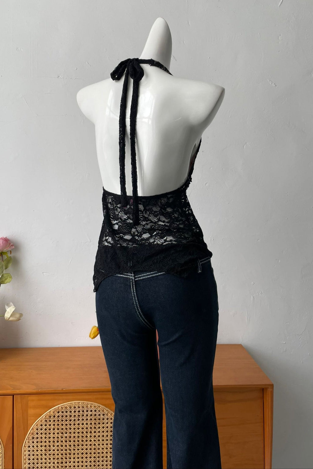 Backless Sheer Lace Halter Top In Black Flowering Girl