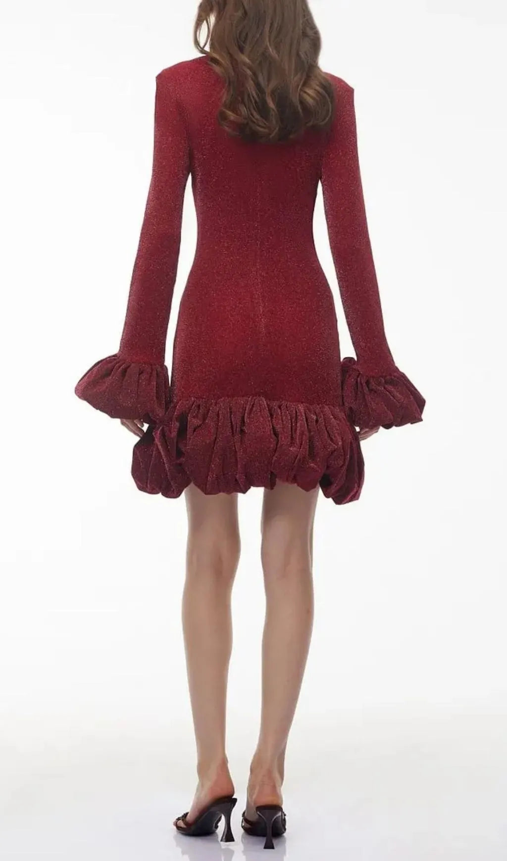 Tabitha Long Sleeve Midi Dress With Ruffled Trim - Burgundy Flowering Girl