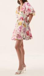 Vanessa Puff Sleeve Collage Fleur Mini Dress Flowering Girl
