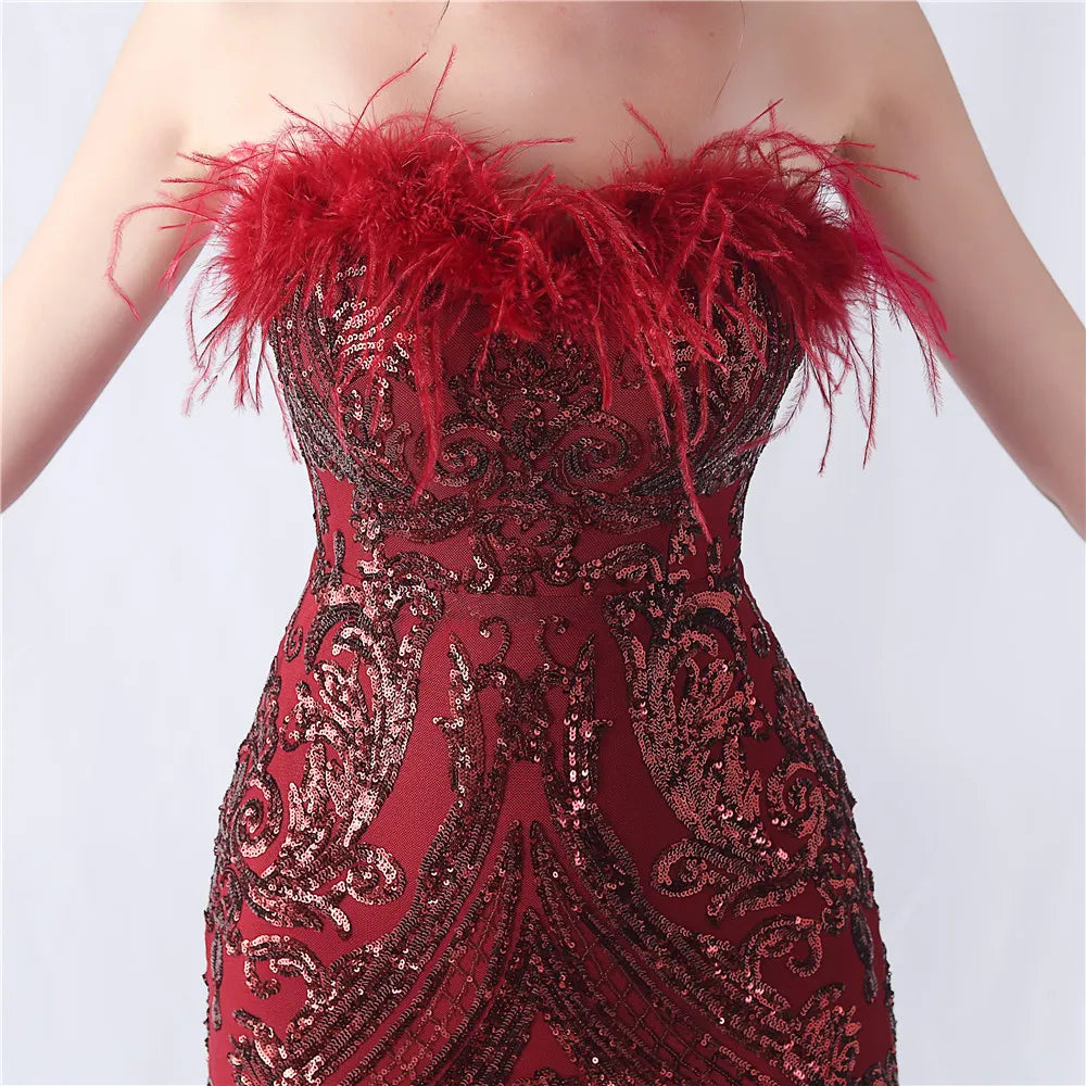 Choire Red Sequin Feather Maxi Dress Flowering Girl