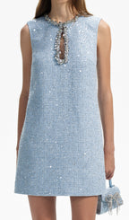 Adelle Blue Embellished Bouclé Mini Dress Flowering Girl