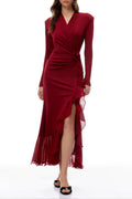Joyce Red Ruffled Gathered High Slit Knit Midi Dress Flowering Girl