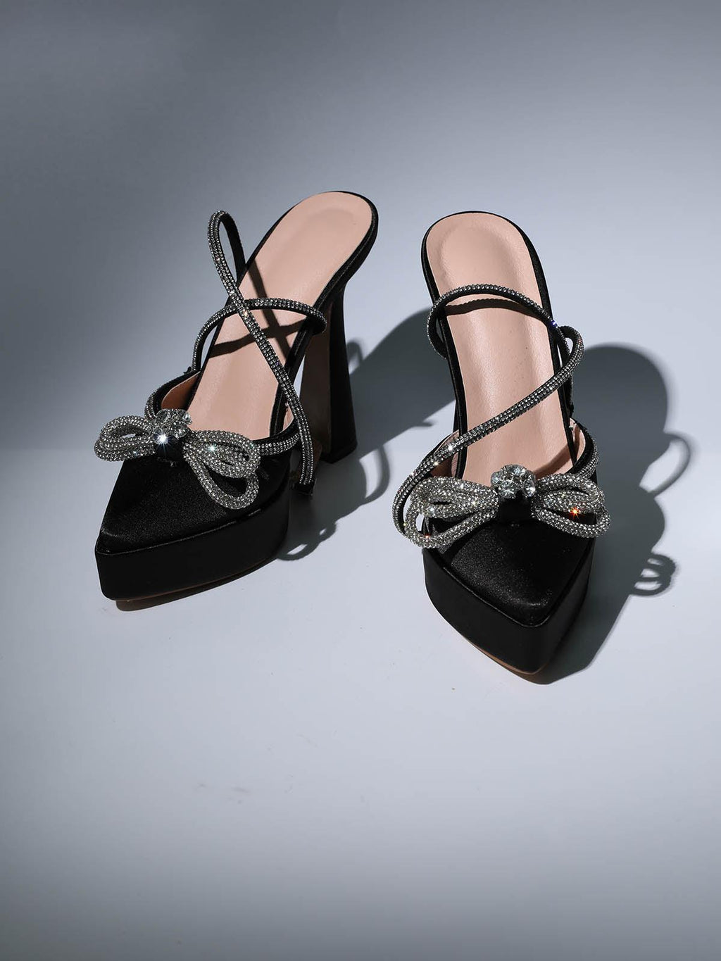 Bow Crystal Satin Heels In Black Flowering Girl