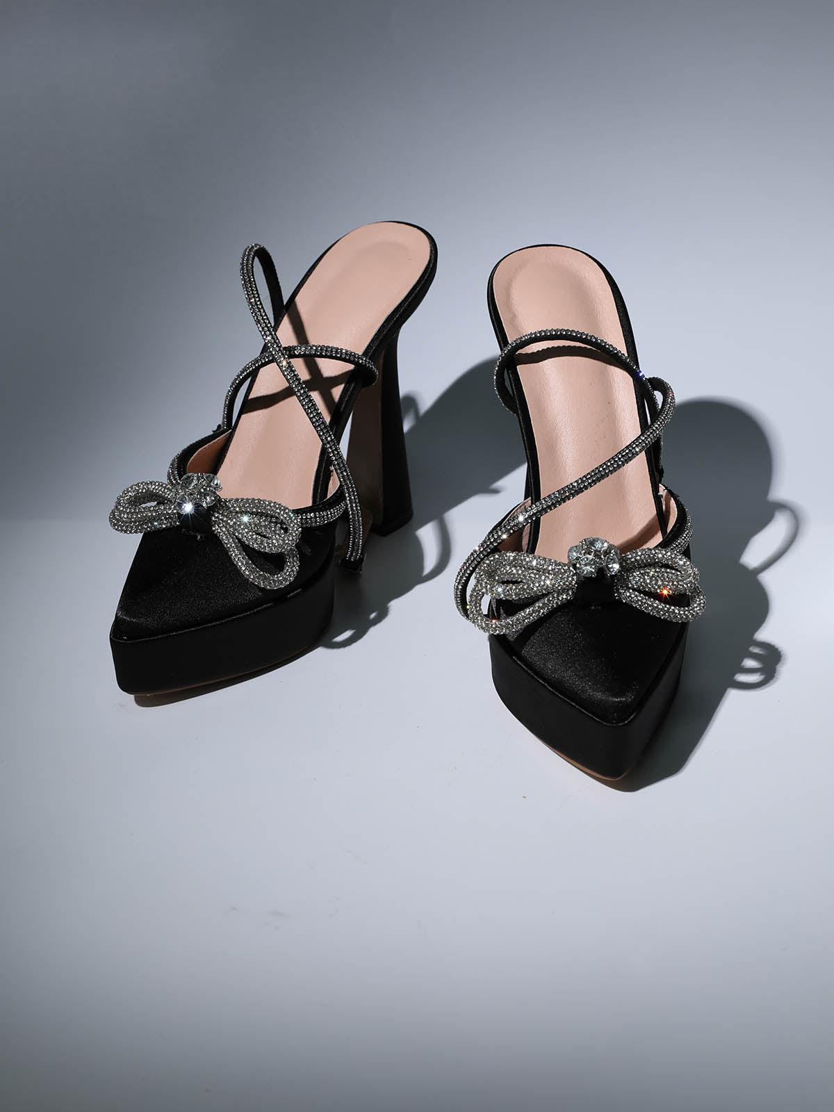 Bow Crystal Satin Heels In Black Flowering Girl