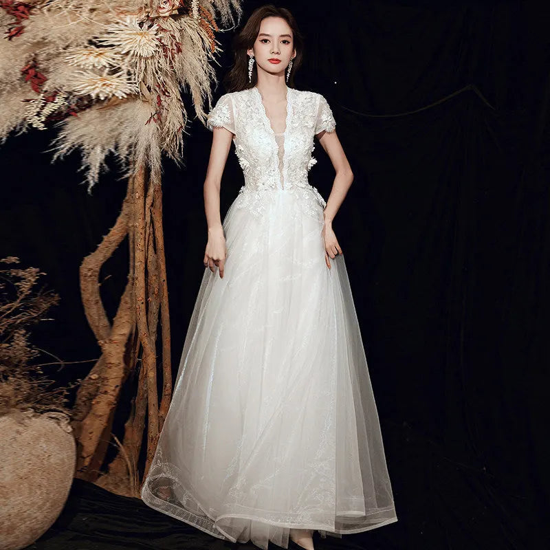 3D Floral Lace Short Sleeve Tulle Floor-Length Evening Gown Flowering Girl