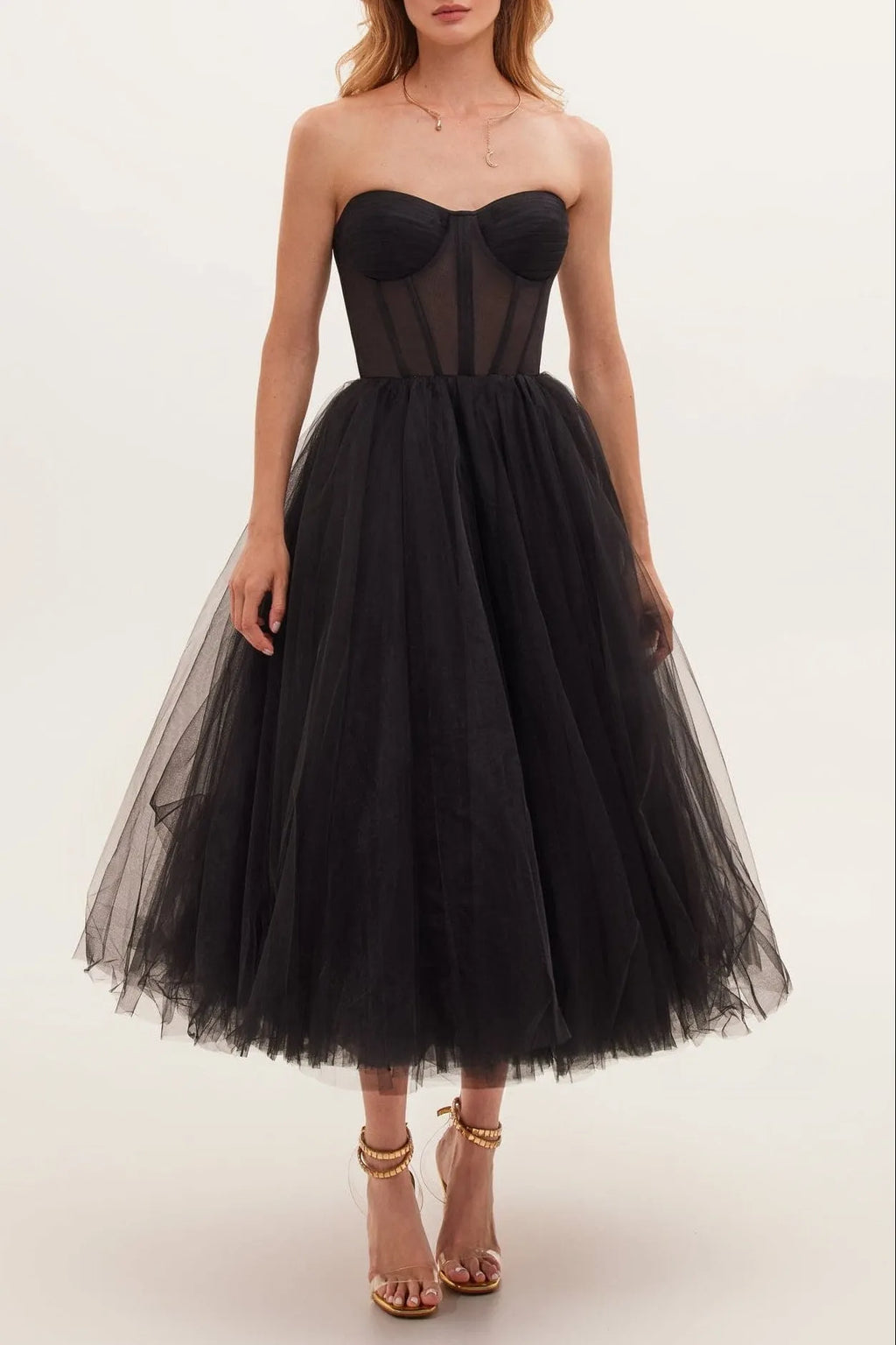 Black Strapless Puffy Midi Tulle Dress Flowering Girl