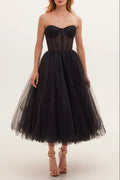 Black Strapless Puffy Midi Tulle Dress Flowering Girl