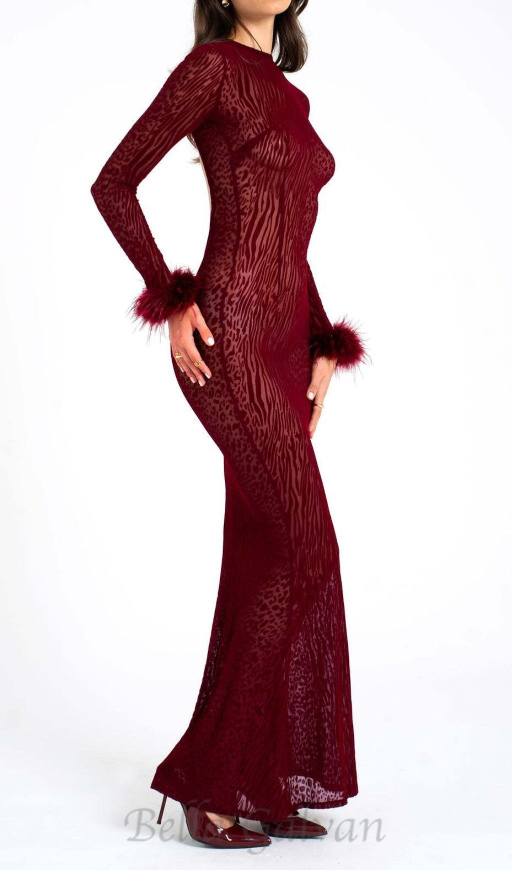 burgundy mesh feather maxi dress Flowering Girl