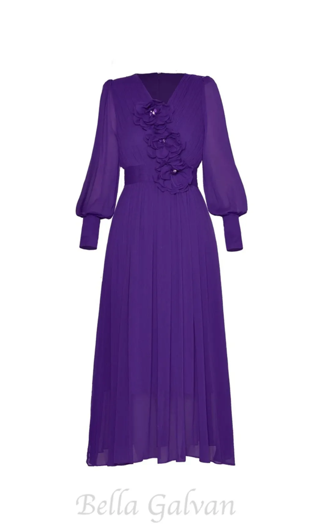 three-dimensional flower v-neck purple chiffon maxi dress Flowering Girl